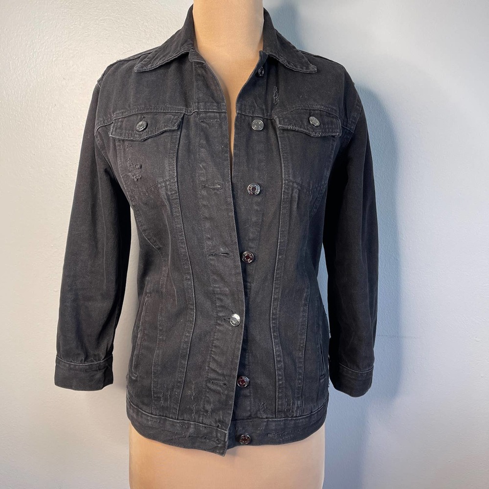 Oversized Jean Distressed Denim Jacket 100% Cotton Size 2 Pockets